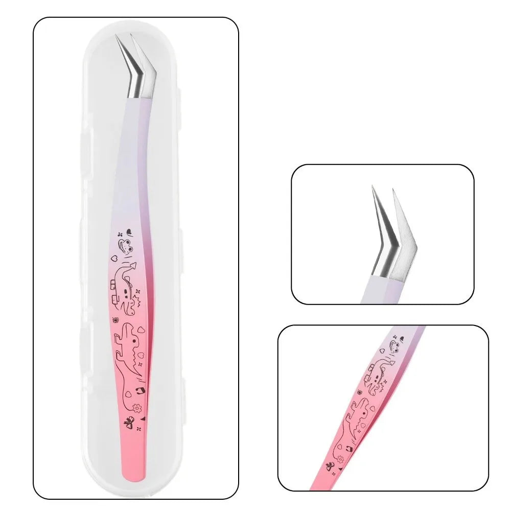 Cartoon Curved Stainless Steel Tweezers for Lash Extensions Eyelash Tweezers QXL Pink