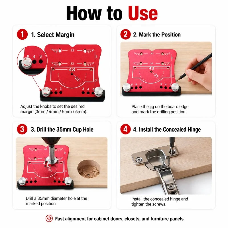 35mm Hinge Drilling Jig | Aluminum Cabinet Hole Guide Tool Woodworking Drilling Jig QXL