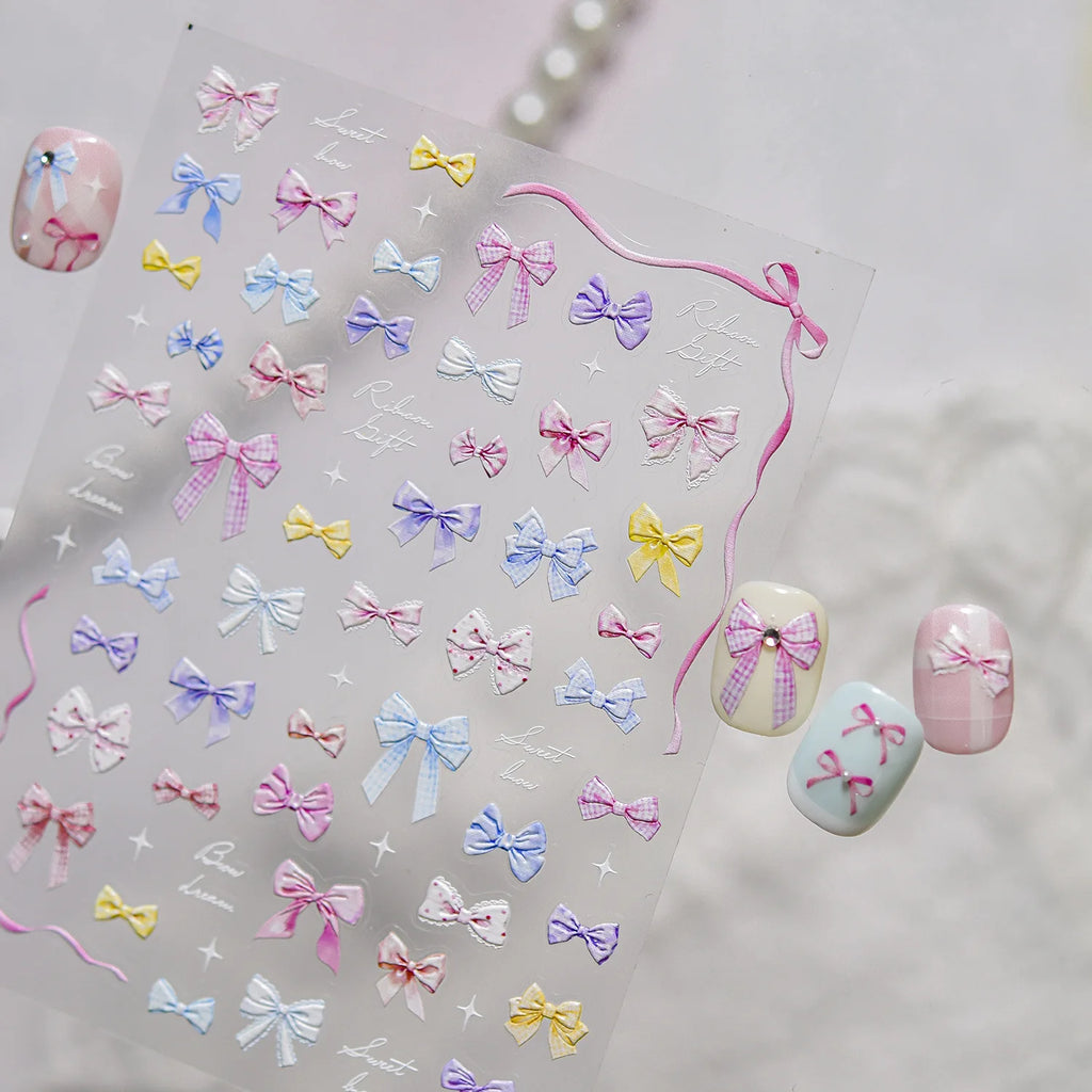 5D Nail Art Stickers – Macaron Bow & Plaid Satin Ribbon Decals Nail Art Stickers QXL