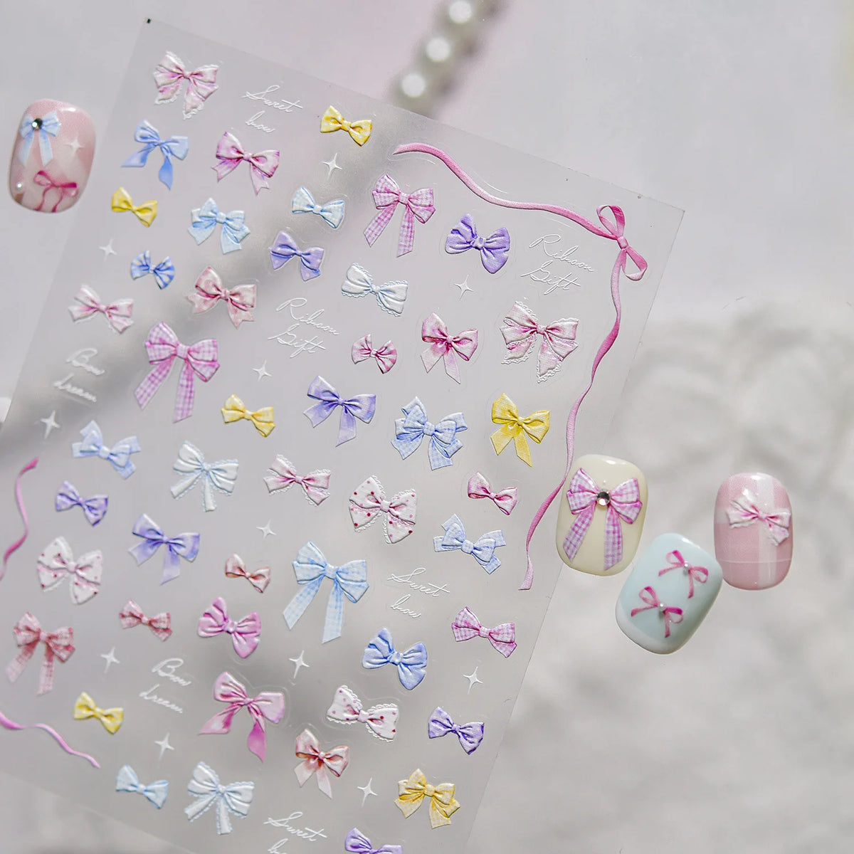 5D Nail Art Stickers – Macaron Bow & Plaid Satin Ribbon Decals Nail Art Stickers QXL
