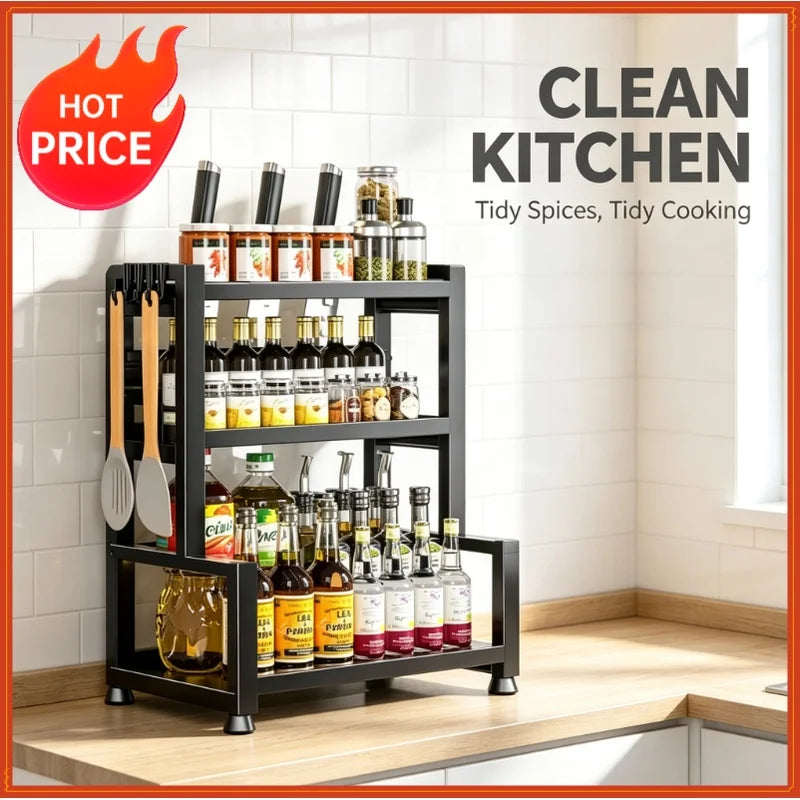 3-Tier Adjustable Metal Spice Rack with Knife Holder – Black Kitchen Spice Rack QXL
