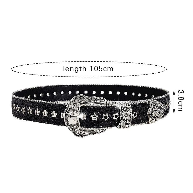 Women's Rhinestone Belt | Gothic Y2K Western Cowboy PU Leather Rhinestone Fashion Belt QXL