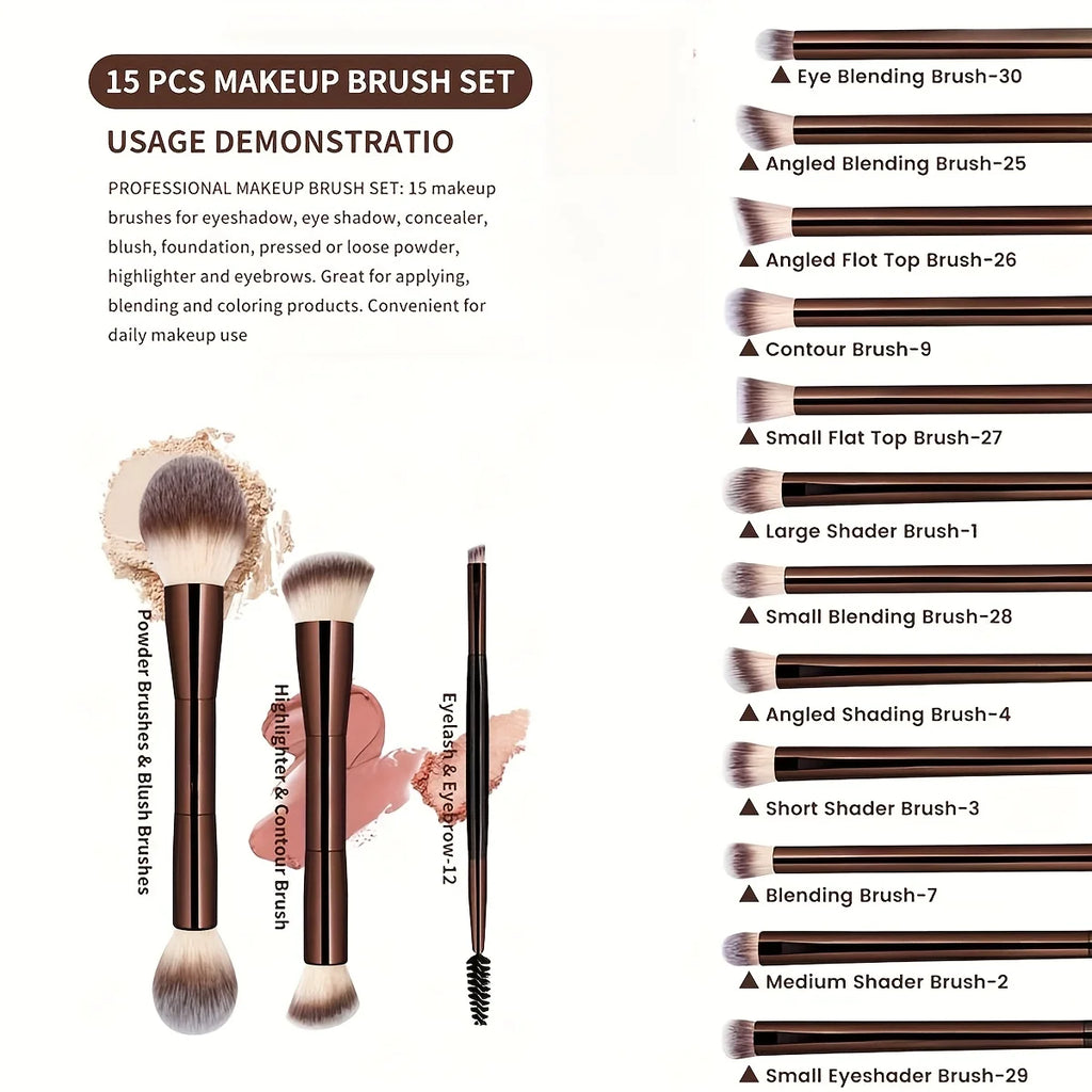 15-Piece Professional Soft Makeup Brush Set | Aluminum Handle Makeup Brush Set QXL