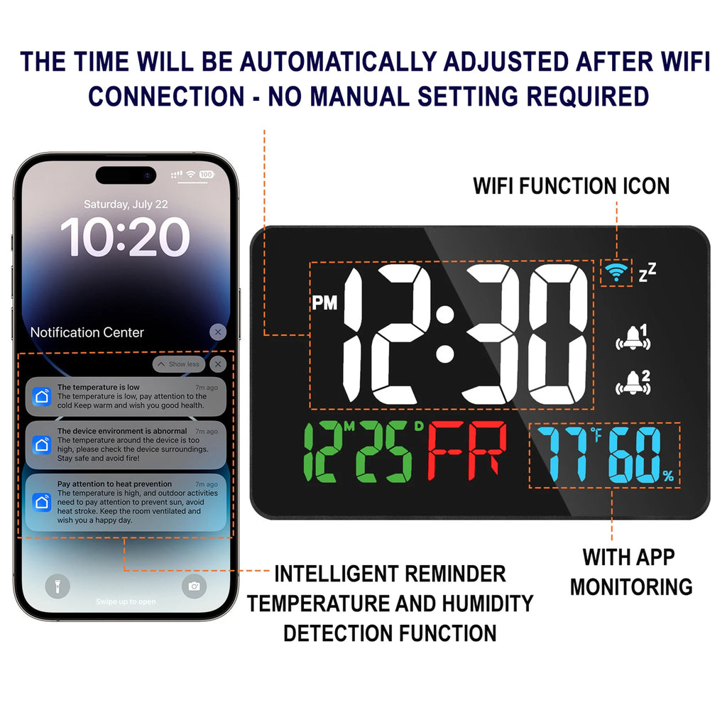 Smart WiFi LED Alarm Clock | Temp, Humidity & 4 Brightness Levels Smart LED Alarm Clock QXL