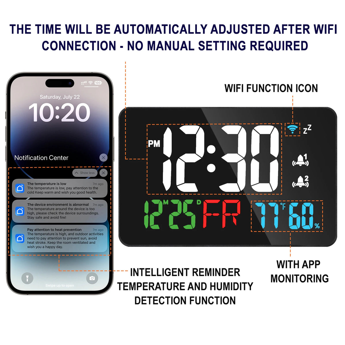 Smart WiFi LED Alarm Clock | Temp, Humidity & 4 Brightness Levels Smart LED Alarm Clock QXL