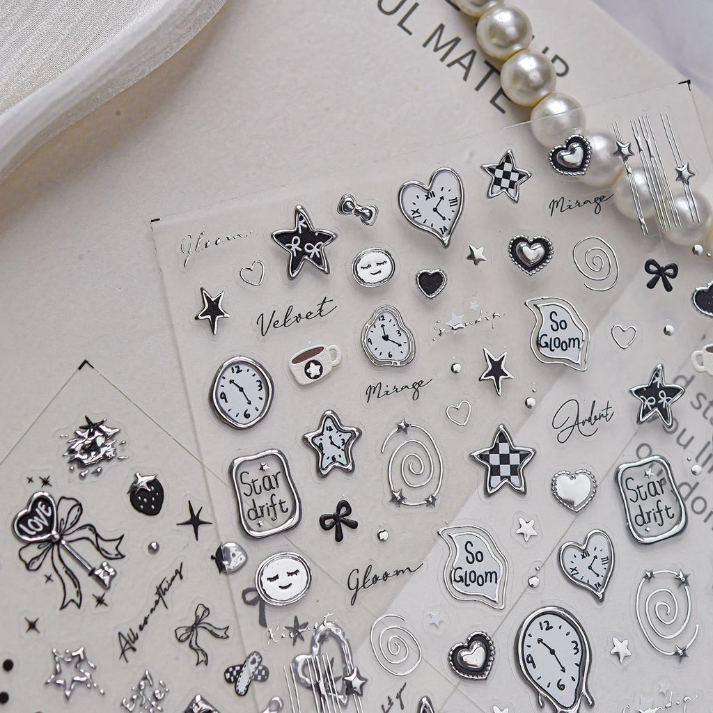 5D Mirror Metal Nail Stickers – Silver & Black Self-Adhesive Nail Art Stickers QXL