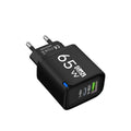 65W GaN 3-Port USB-C Wall Charger | PD & QC 3.0 Fast Charge GaN Wall Charger QXL Black EU