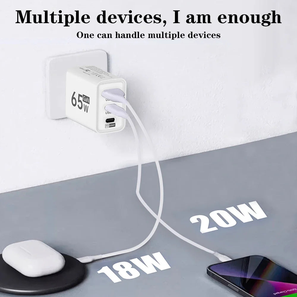 65W GaN USB-C Fast Charger EU/US Plug | Quick Charge 3.0 GaN Wall Charger QXL