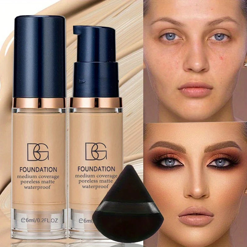 Waterproof Liquid Foundation & Powder Puff Set | Matte Coverage Liquid Foundation Set QXL