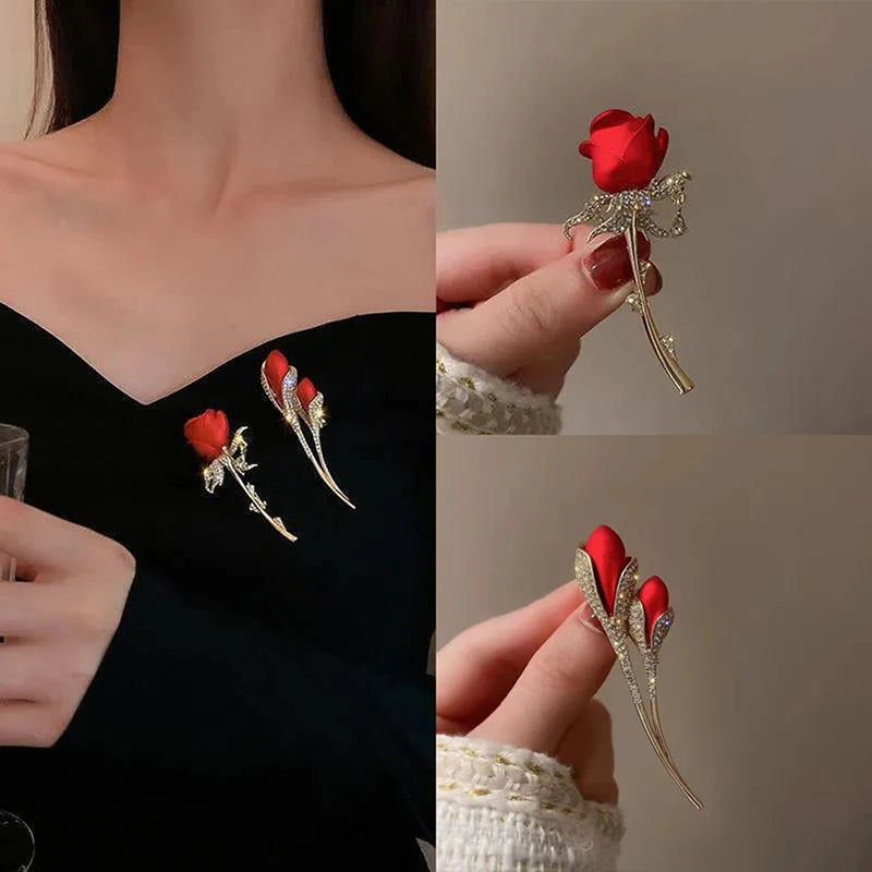 Red Rose Brooch Pin | Women's Floral Lapel Badge Fashion Brooch Pin QXL