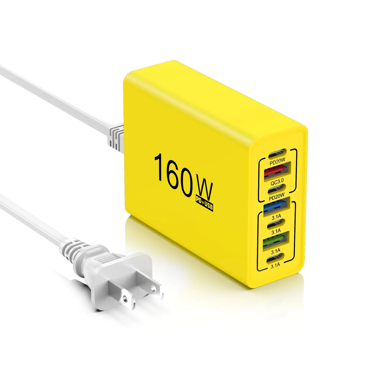 160W 7-Port USB-C Fast Charger QC3.0 | EU & US Wall Adapter Multi-Port Wall Charger QXL Yellow US