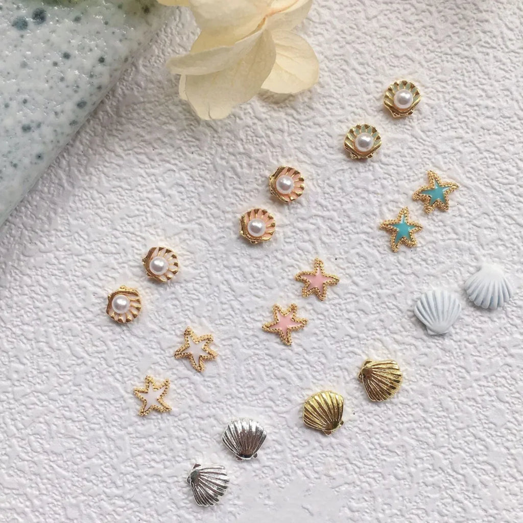 10-Pc 3D Alloy Nail Charms | Starfish Pearl Shell Kawaii Nail Art Charms QXL
