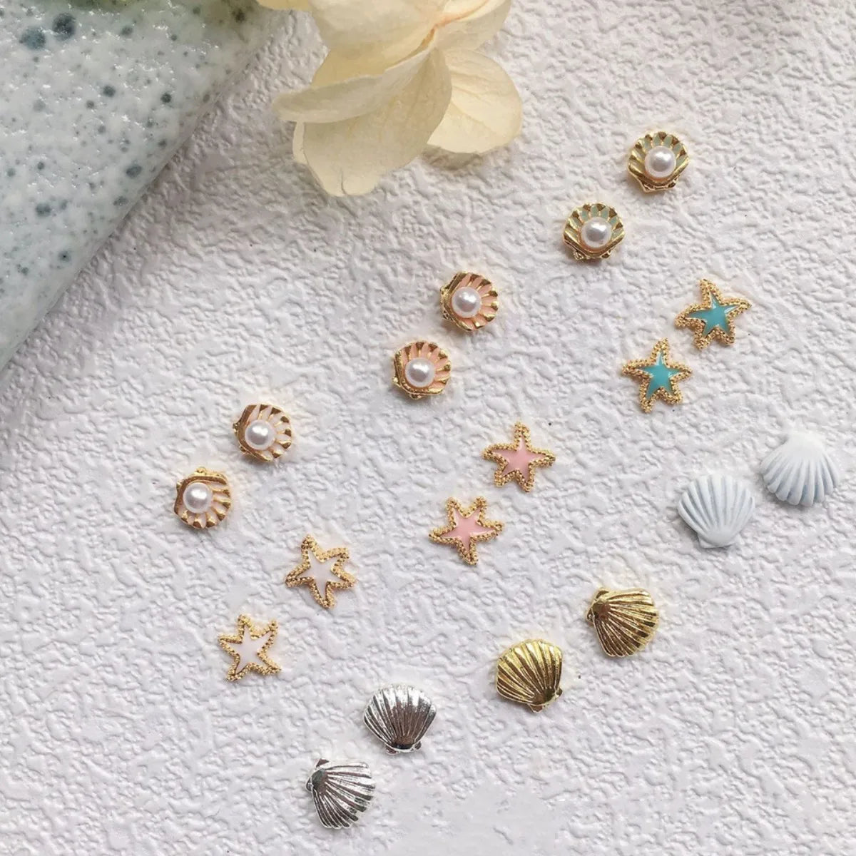 10-Pc 3D Alloy Nail Charms | Starfish Pearl Shell Kawaii Nail Art Charms QXL