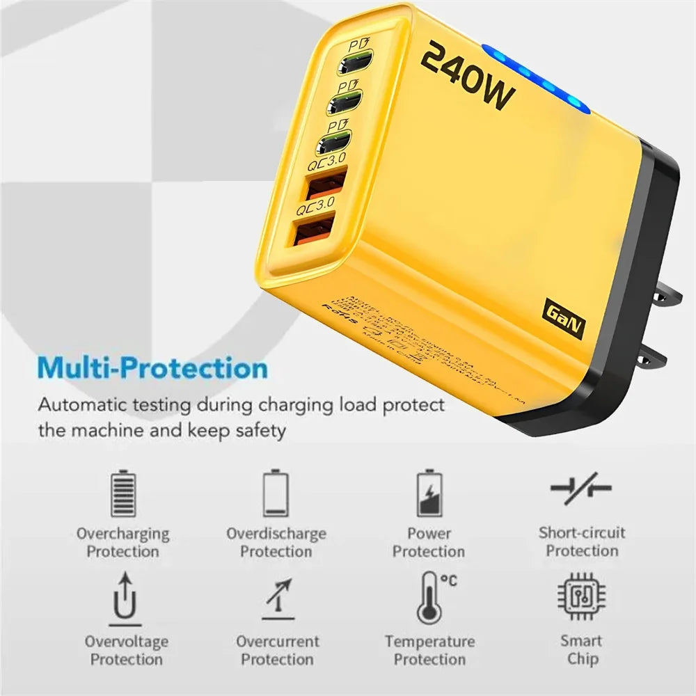 240W GaN Desktop Charger 5-in-1 | 3 USB-C PD + 2 USB-A GaN Desktop Charger QXL