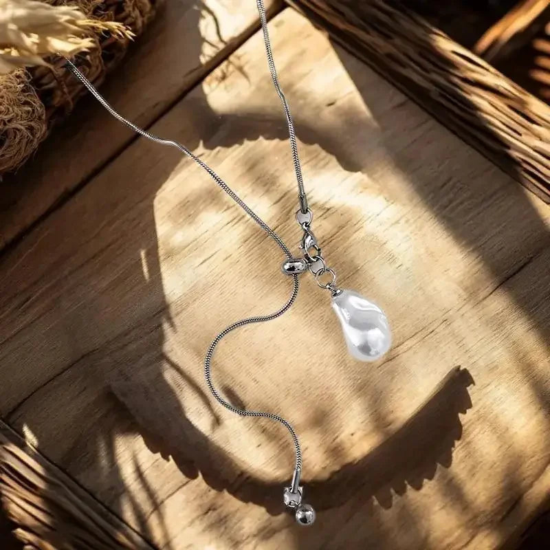Baroque Pearl Stainless Steel Long Sweater Necklace | Women Pearl Chain Necklace QXL
