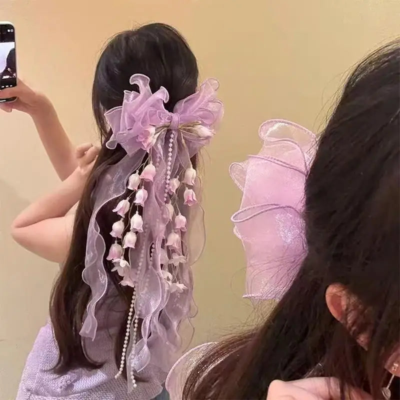 Mesh Bow Flower Tassel Hair Clip | Bridal & Party Gift Bridal Hair Clip QXL
