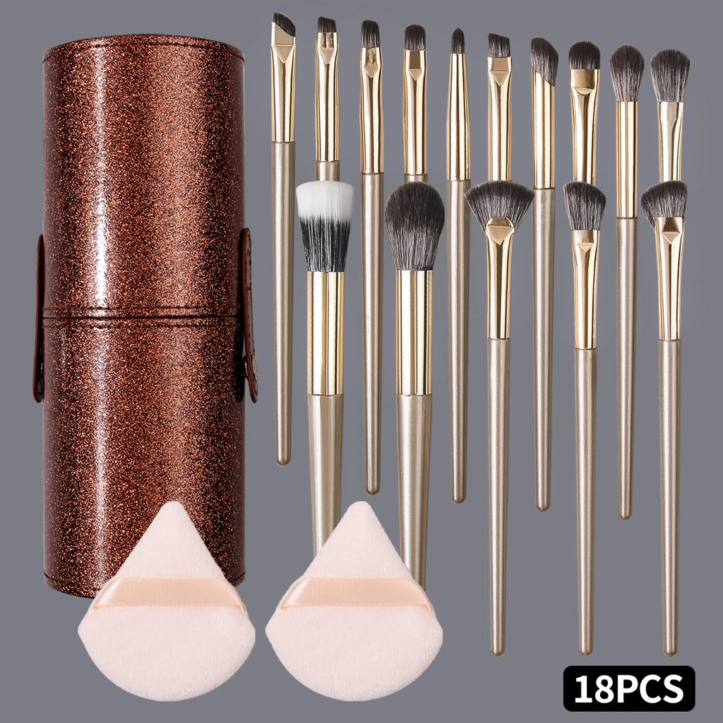 18-Pc Champagne Gold Makeup Brush Set | Glitter Bag & Puffs Makeup Brush Set QXL Gold