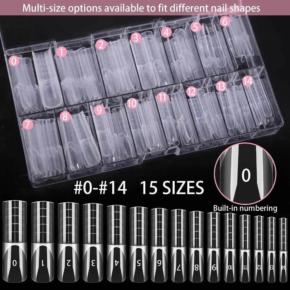 150-Pc Transparent False Nail Tips | 15 Sizes Full Cover Set False Nail Tips QXL
