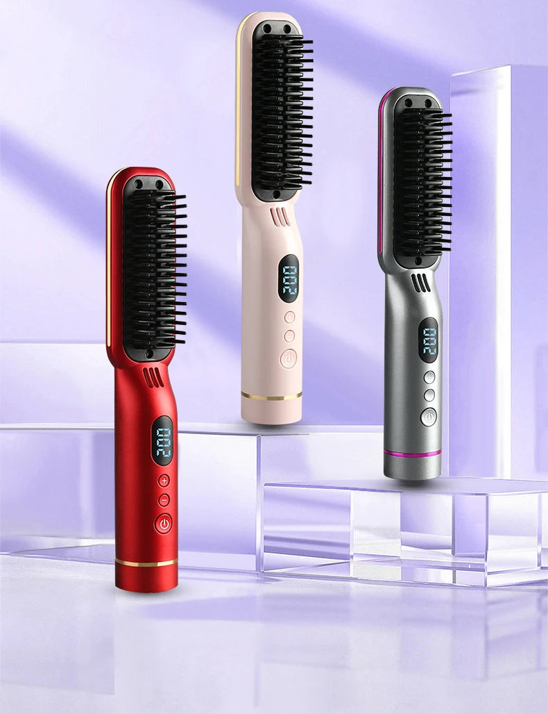 Wireless Negative Ion Hair Straightener & Curling Comb | LED Screen Cordless Hair Styler QXL