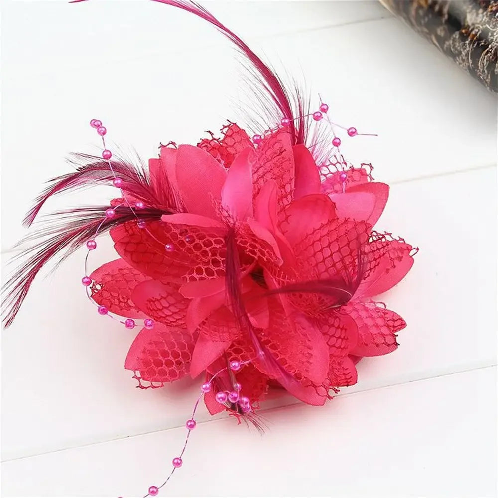 Feather Beaded Fascinator Hair Clip Brooch Corsage | Wedding Feather Fascinator QXL rose red