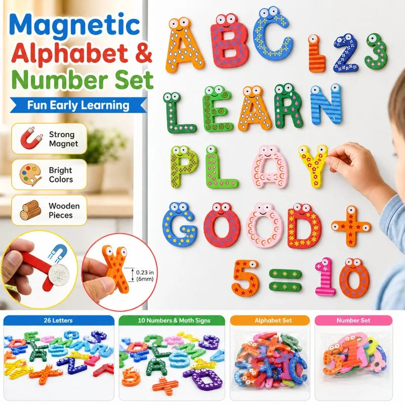 Magnetic Wooden ABC 123 Fridge Magnets for Kids | Learning Toy Educational Magnet Set QXL