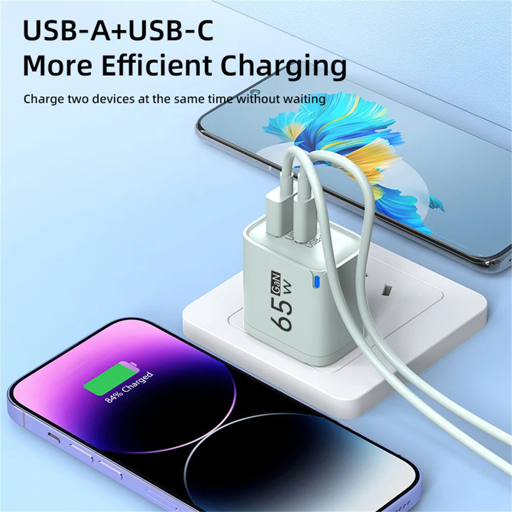 65W GaN 3-Port USB-C Wall Charger | PD & QC 3.0 Fast Charge GaN Wall Charger QXL