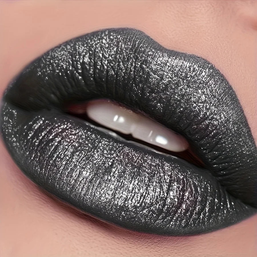 Matte Metallic Black Lipstick | Waterproof Long-Lasting Lip Color Metallic Matte Lipstick QXL
