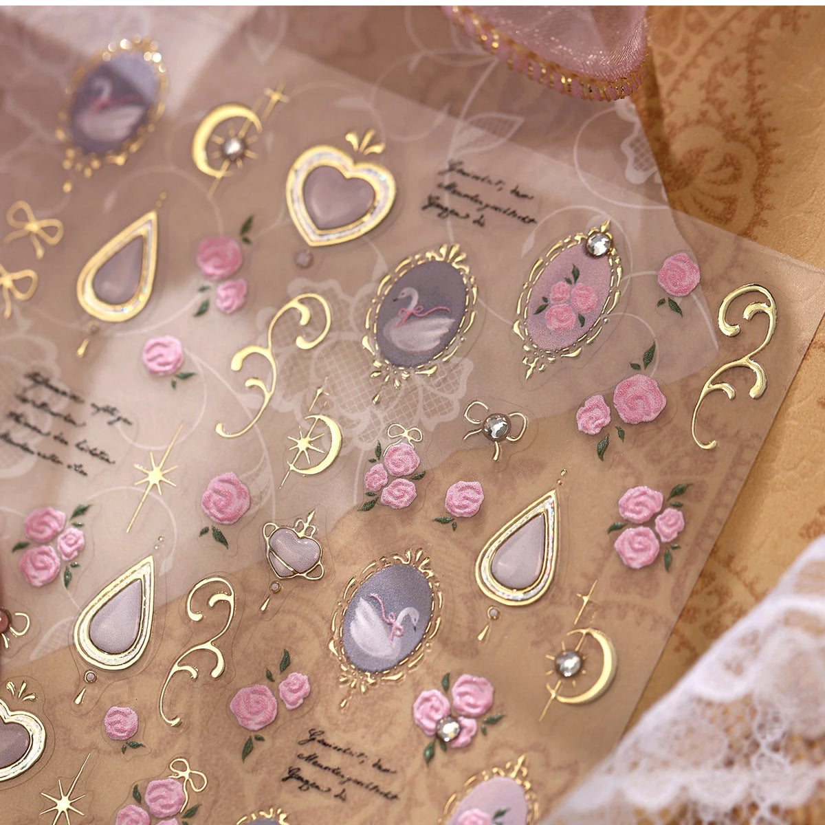 5D French Vintage Nail Stickers – Swan Rose Gem Gold Decals Nail Art Stickers QXL