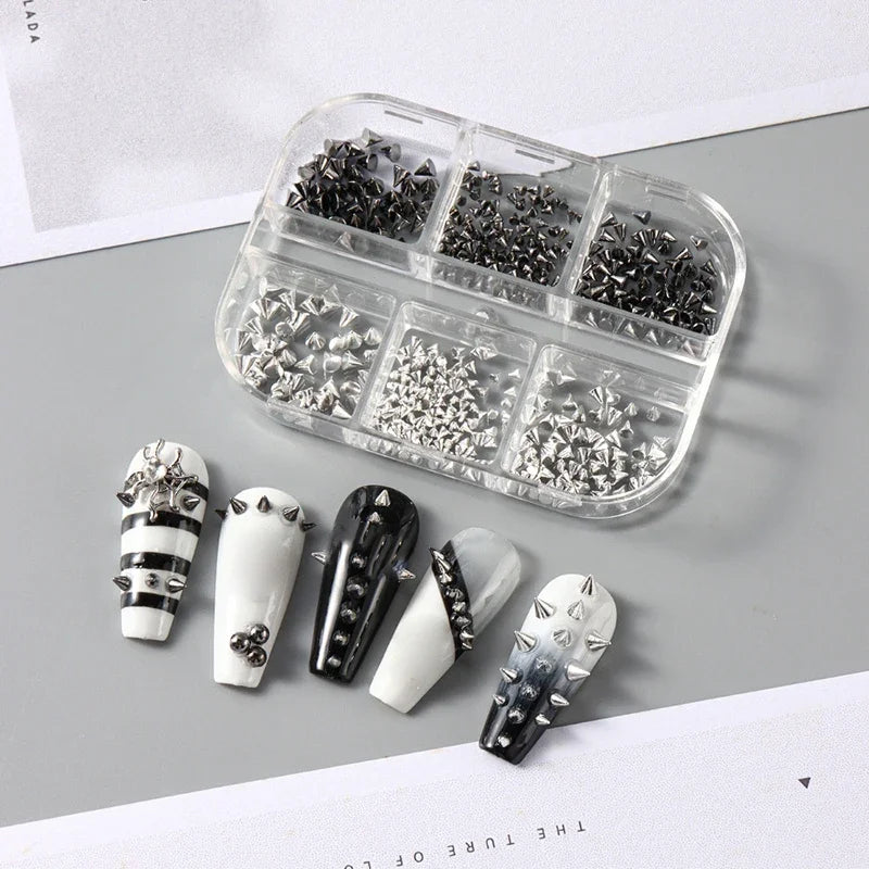 Y2K Punk Metal Rivet Nail Charms | 6-Grid Black & Silver Studs Nail Art Charms QXL