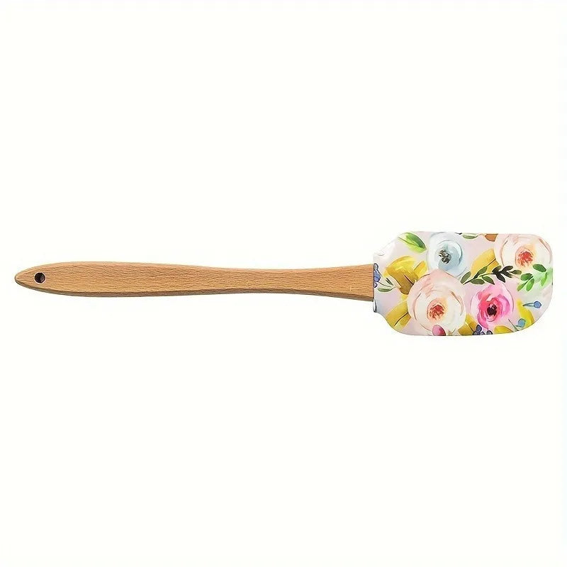 Floral Silicone Spatula Set with Wooden Handle | Baking Silicone Spatula Set QXL
