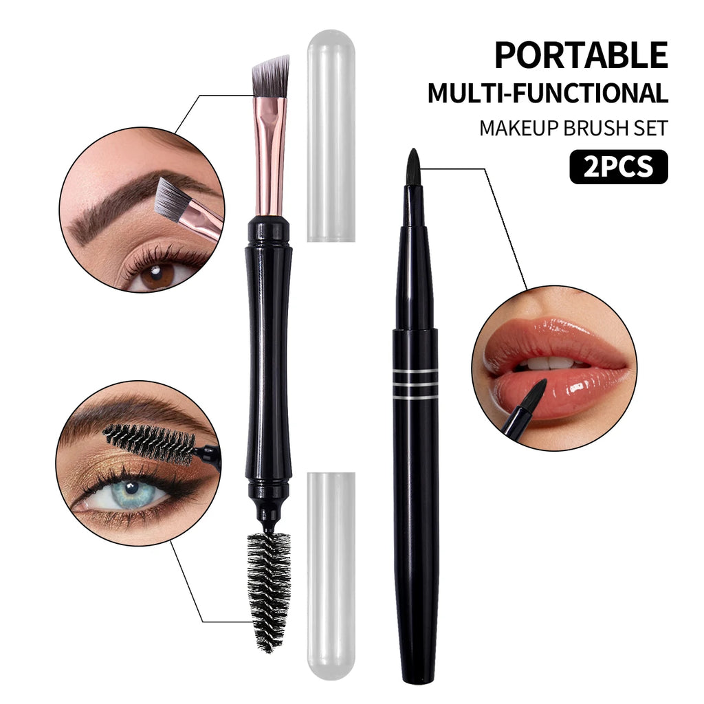 KOSSHOW 2-Pc Travel Makeup Brush Set – Eyebrow, Lash & Lip Eye & Lip Brush Set QXL black