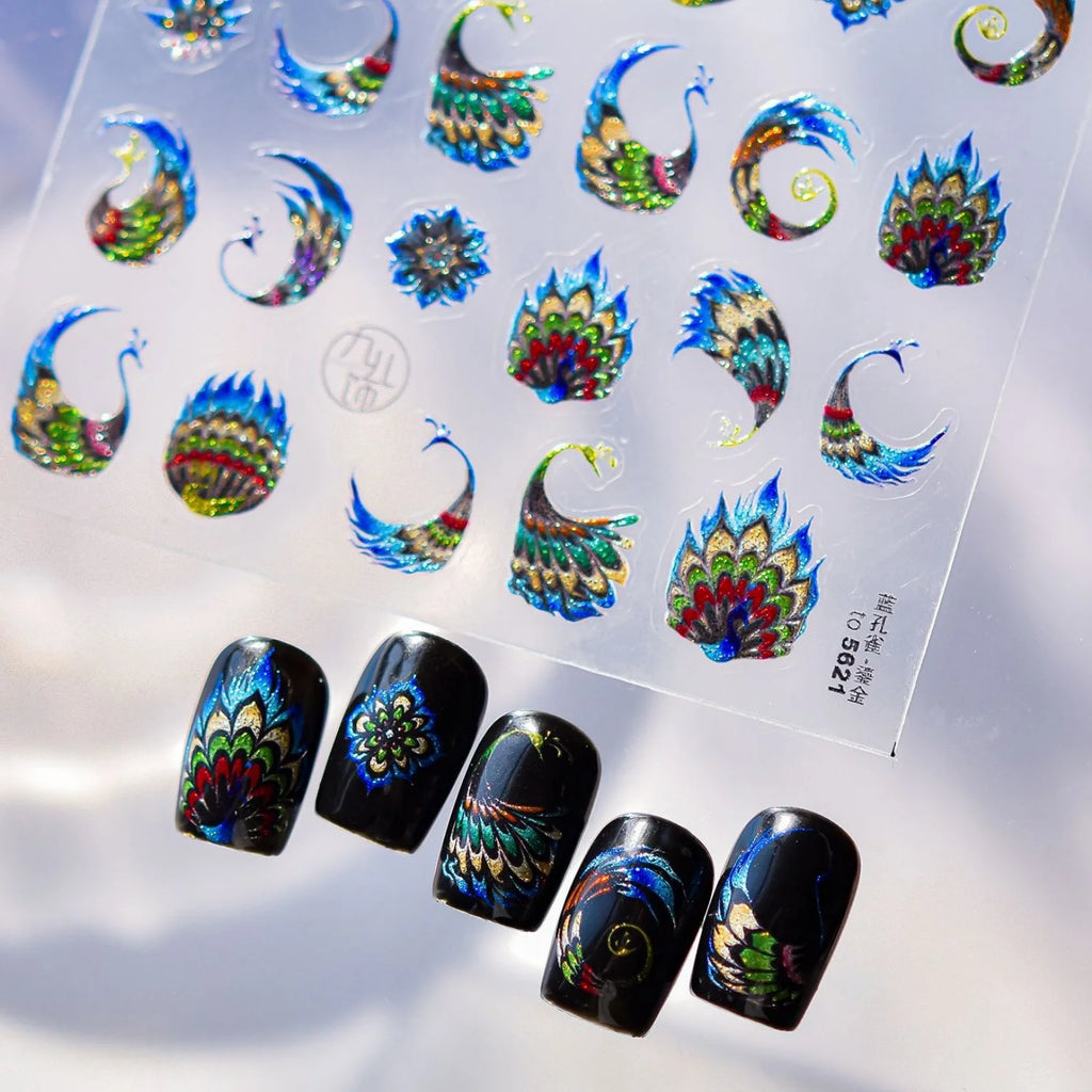 5D Holographic Peacock Feather Nail Stickers | Self-Adhesive Decals Nail Art Stickers QXL