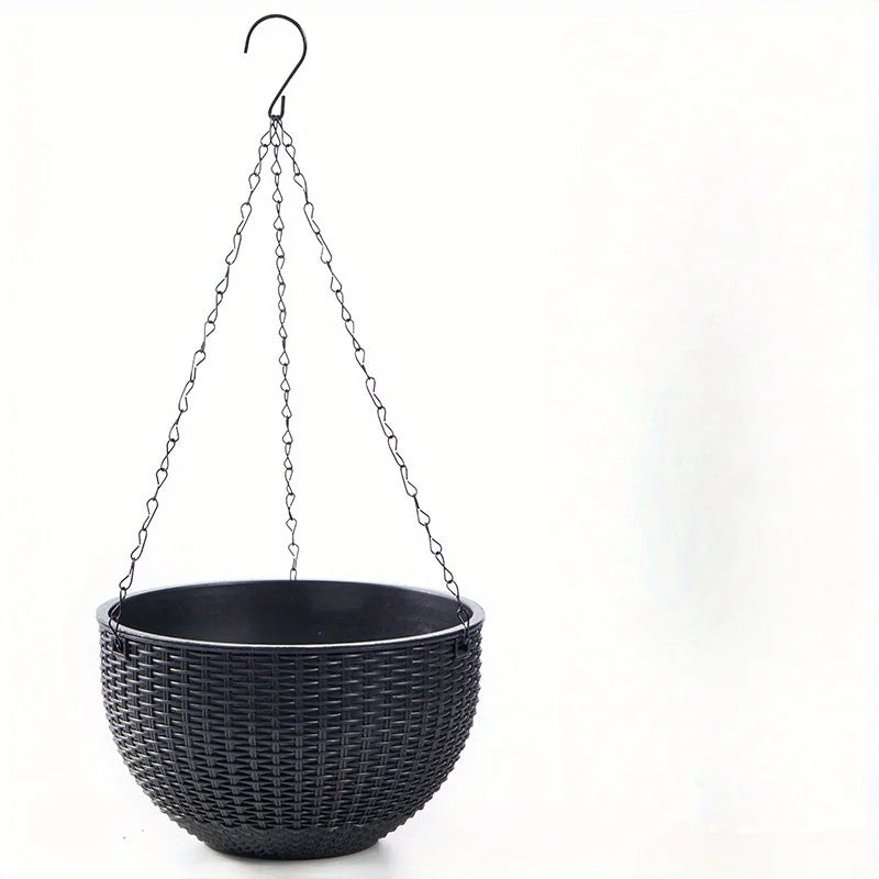 Self-Watering Hanging Planter | Rattan Design | Easy Drain Hanging Planter QXL Black