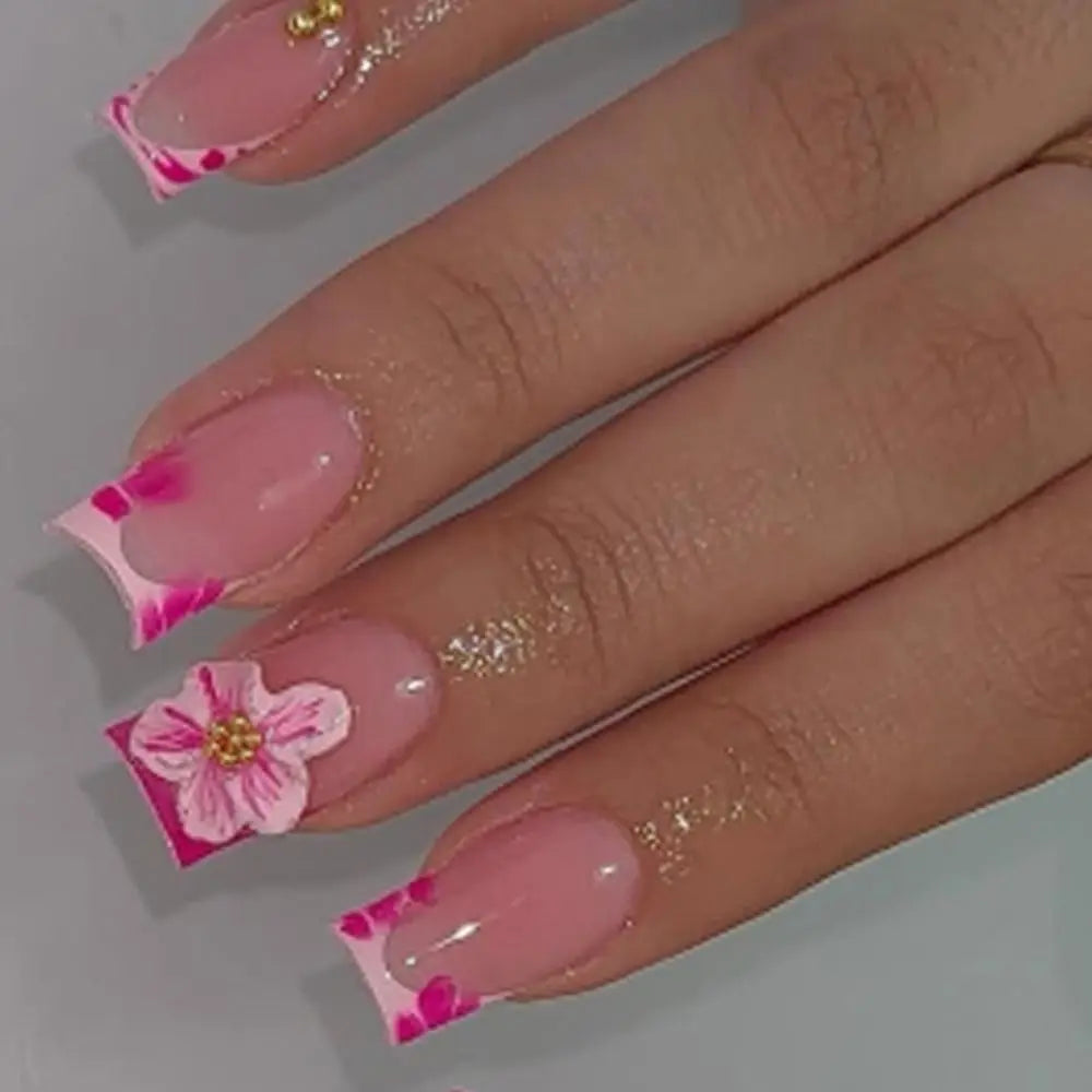 Long Ballerina Press-On Nails – Pink Flowers & French Tips Press-On Nails QXL