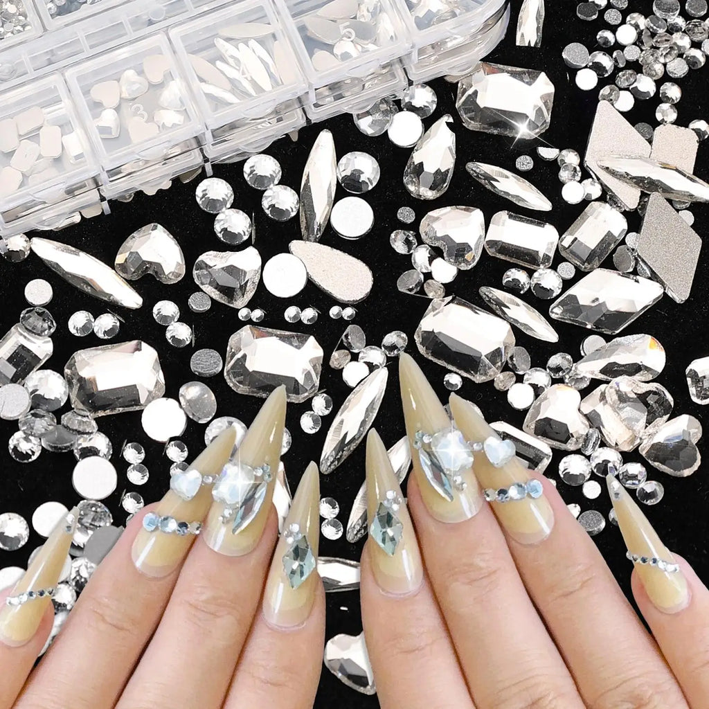 12-Grid Mixed Shape Nail Art Rhinestones | Crystal Flat-Base Nail Art Rhinestones QXL