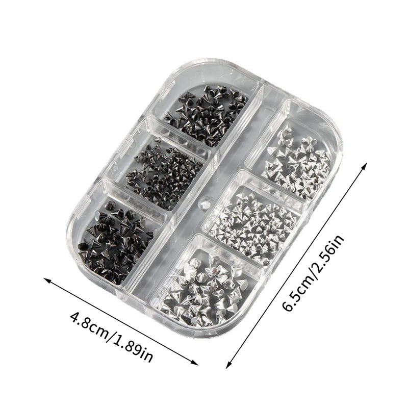 Y2K Punk Metal Rivet Nail Charms | 6-Grid Black & Silver Studs Nail Art Charms QXL onesize