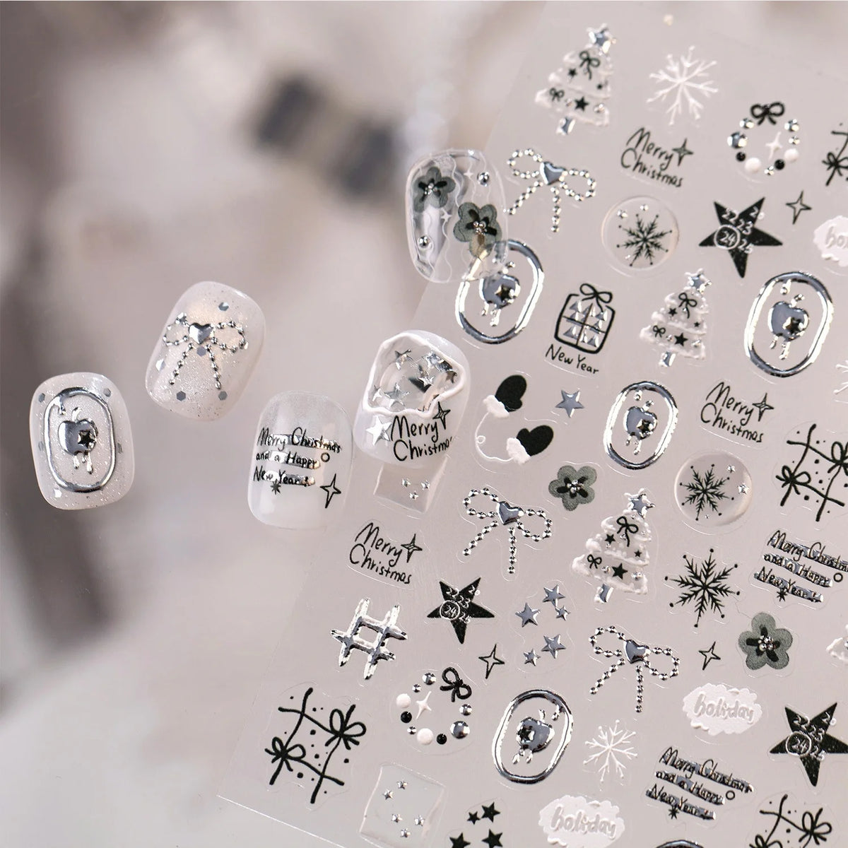 Christmas 5D Nail Stickers – Silver Snowflake & Tree Decals Nail Art Stickers QXL