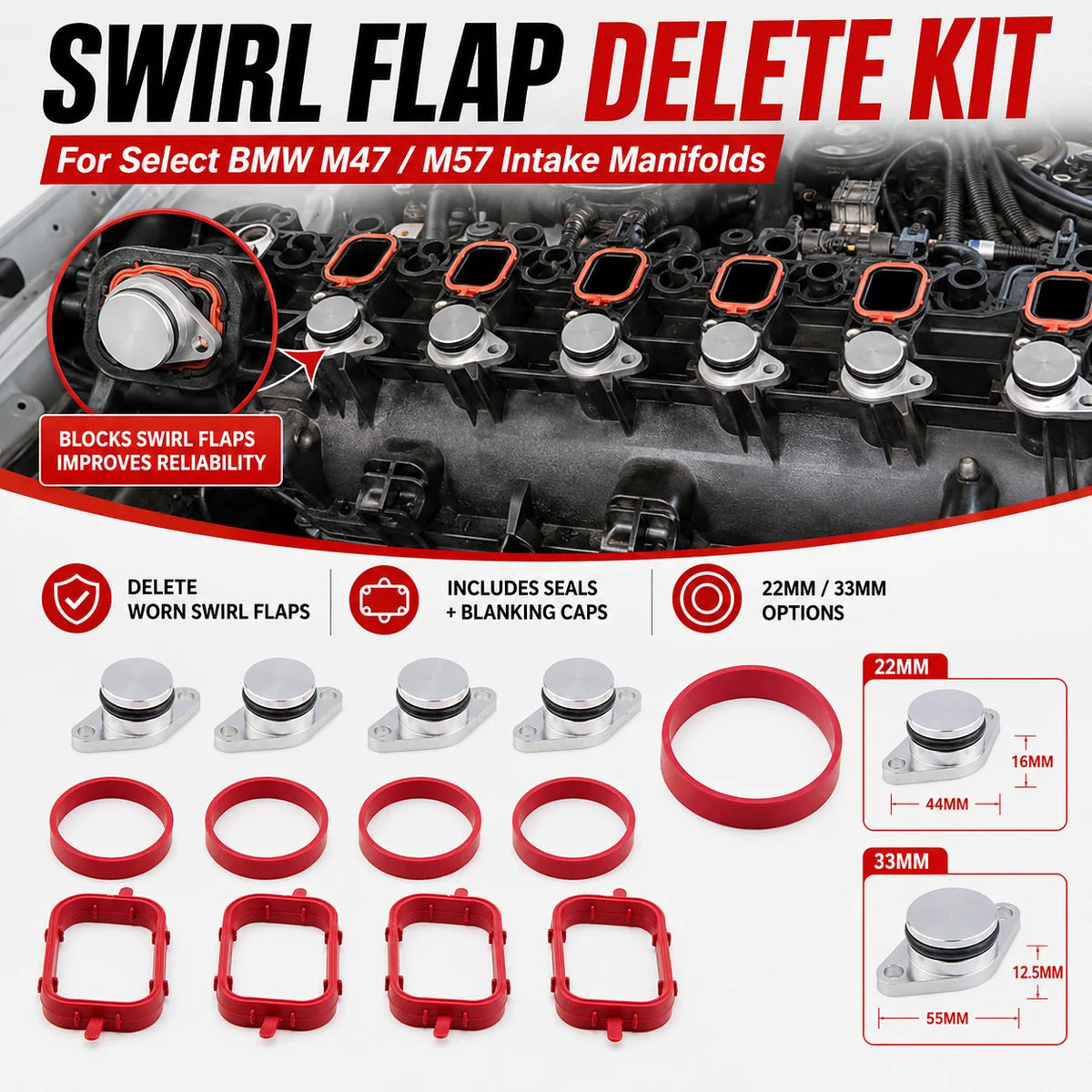 BMW M47 M57 Swirl Flap Delete Kit | 22mm 33mm Manifold Blanks Intake Manifold Repair Kit QXL