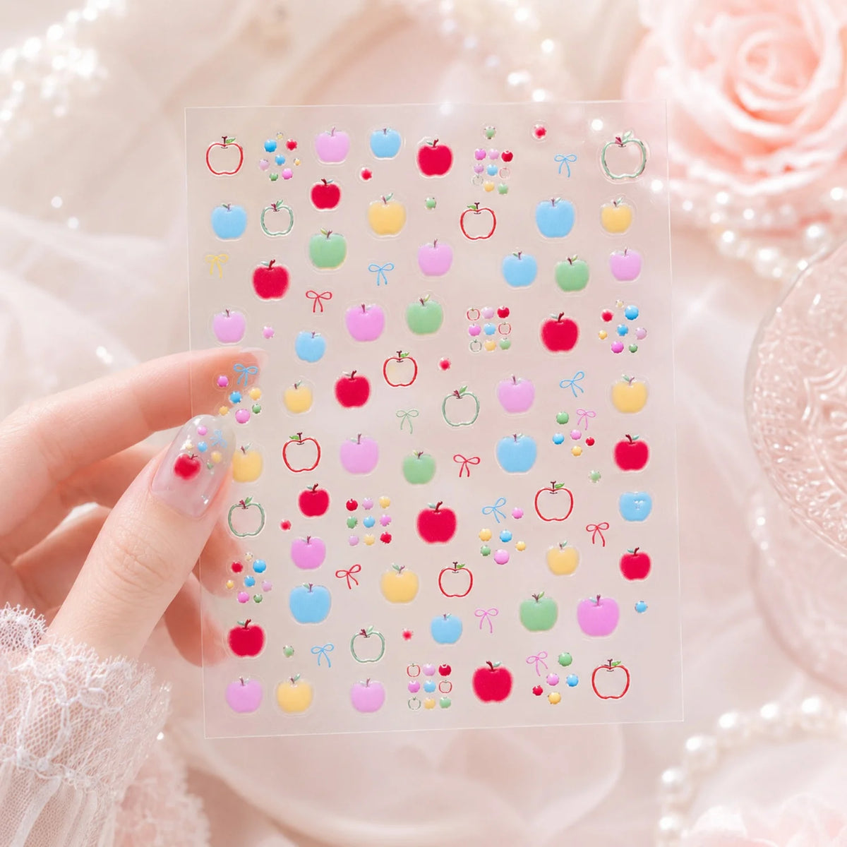 5D Gradient Apple & Bow Nail Stickers | Summer Decals Nail Art Stickers QXL