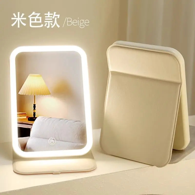 LED Lighted Makeup Mirror | Portable Folding Desktop Vanity LED Vanity Mirror QXL cream coloured