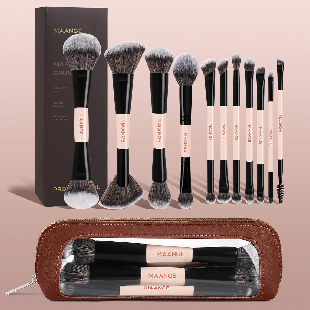MAANGE 11-Pc Synthetic Makeup Brush Set with Storage Bag Makeup Brush Set QXL Black Pink