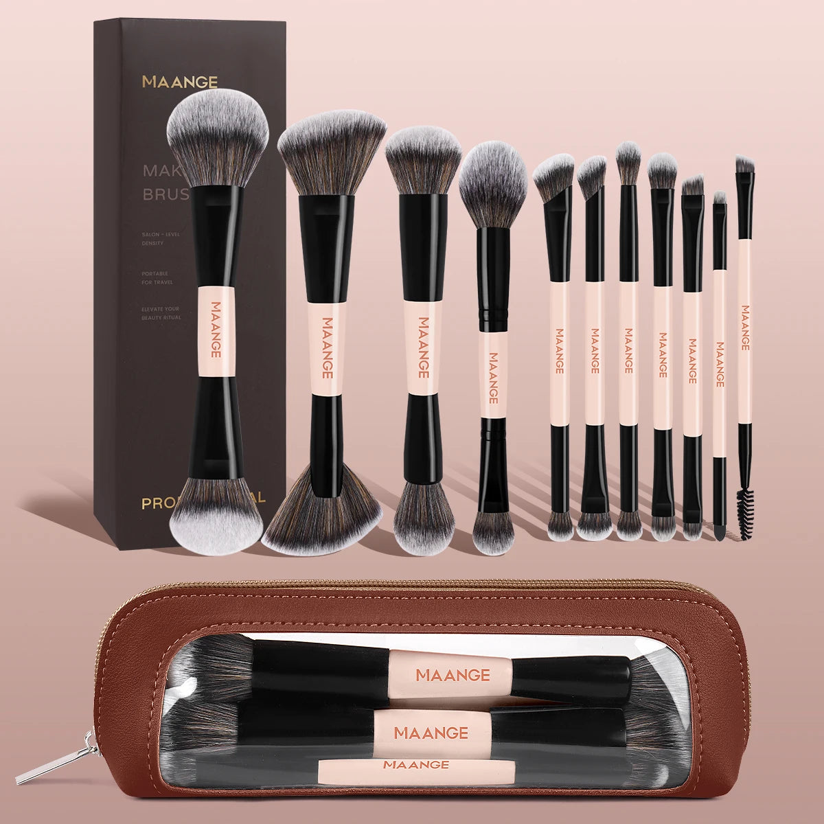 MAANGE 11-Pc Synthetic Makeup Brush Set with Storage Bag Makeup Brush Set QXL Black Pink