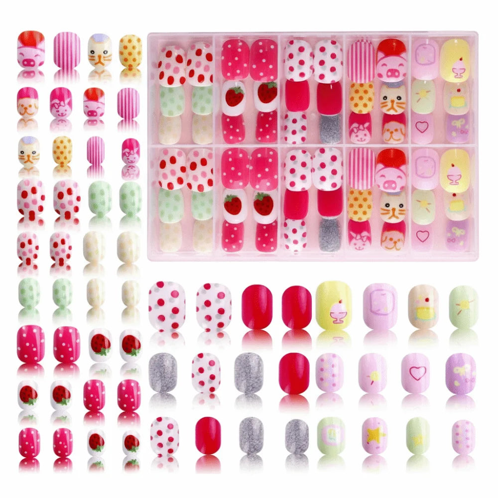 Kawaii Kids Press-On Nails | 120pc Cute Cartoon Fake Nails Kids Press-On Nails QXL