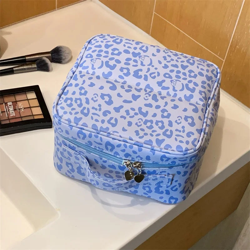 Leopard Print Makeup Brush Bag with Mirror & Dividers Cosmetic Travel Bag QXL Blue