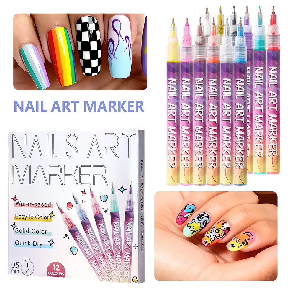 12-Pc 3D Nail Art Graffiti Marker Pens | Waterproof DIY Liner Nail Art Marker Pens QXL 12 colors