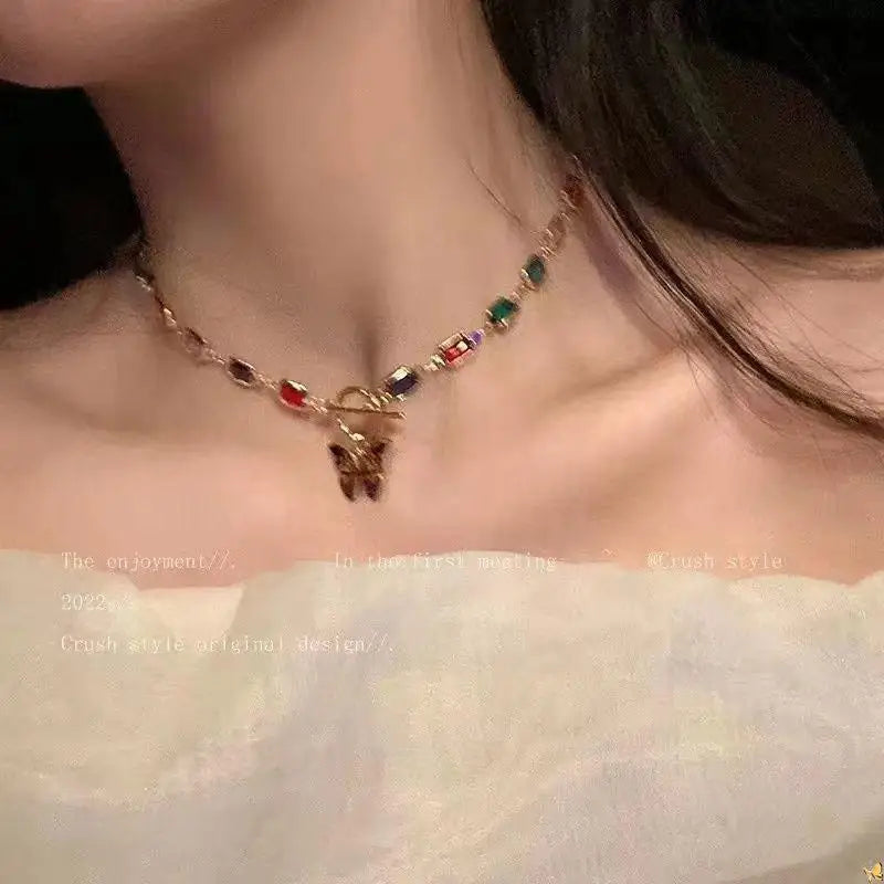 Retro Butterfly Rainbow Crystal Choker Necklace | Boho Pendant Crystal Pendant Necklace QXL