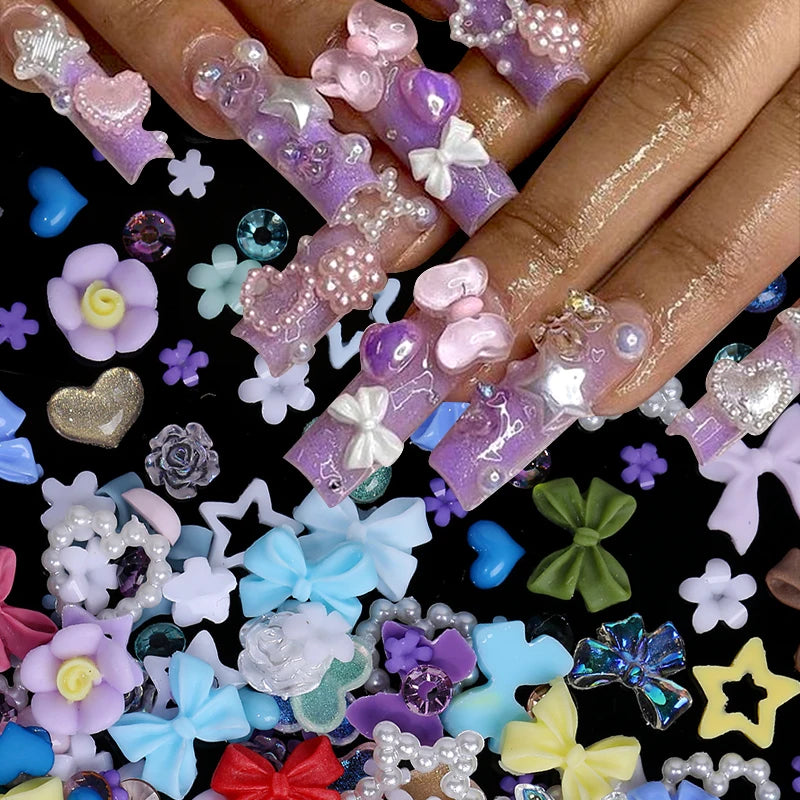 50-Pc Kawaii Nail Charms | Bowknot Heart Star Butterfly DIY Nail Art Charms QXL