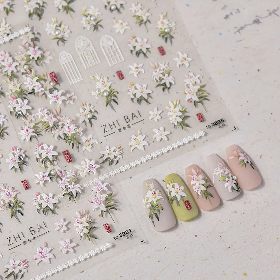 5D Kawaii Lily Nail Stickers | Japanese Flower Diamond Decals Nail Art Stickers QXL