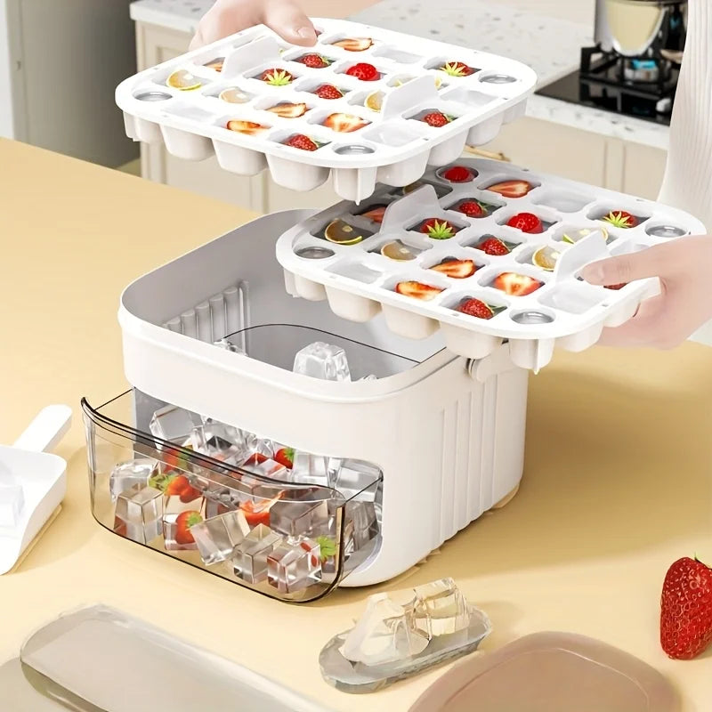 Double Layer Ice Cube Tray with Lid, Bin & Drawer Handle Ice Cube Tray QXL