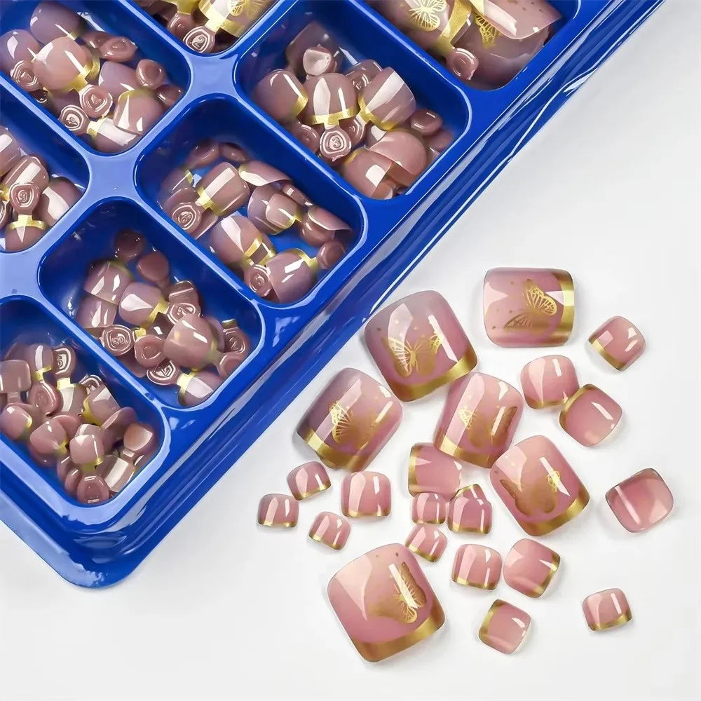 120-Pc Nude Pink Butterfly Press-On Toe Nails | Short Square Press-On Toe Nails QXL